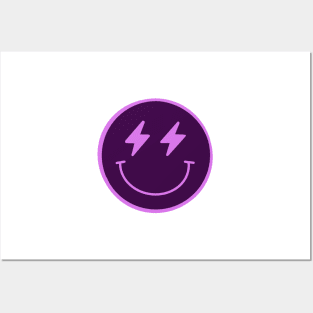 Lightning Smiley Face Neon Purple Posters and Art